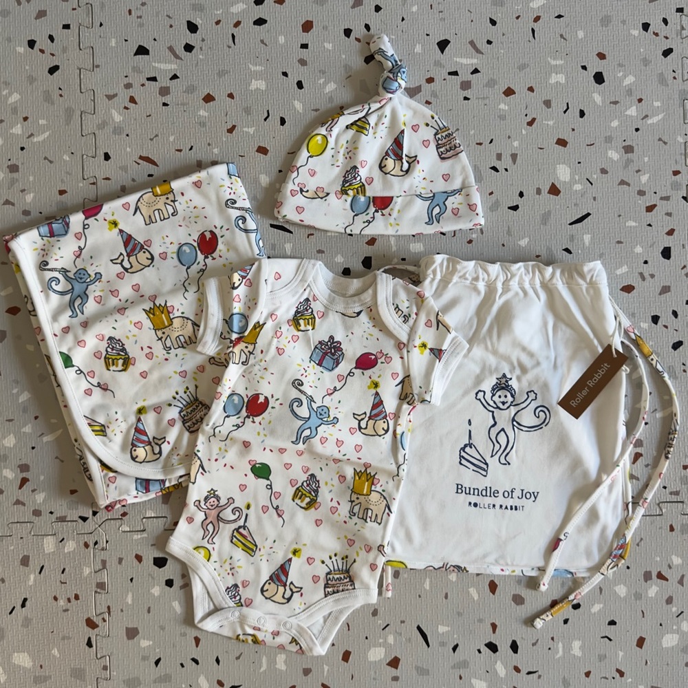 Roller Rabbit Birthday Bonanza Bundle of Joy Infant Hat, Bodysuit & Blanket
